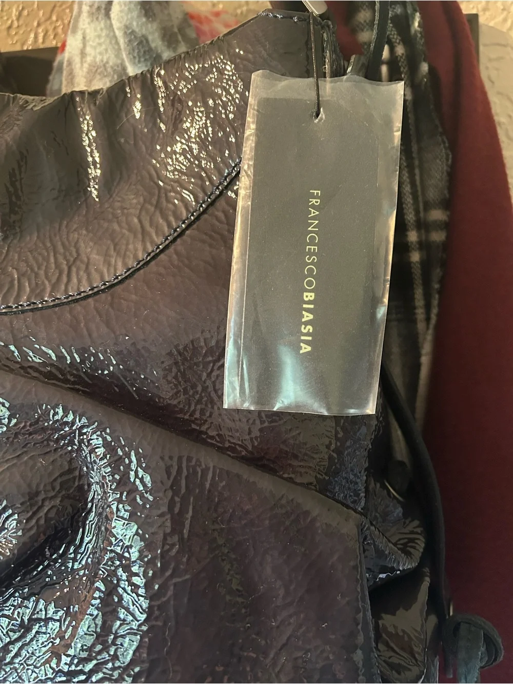 Francesco Biasia Dark Storm Grey Patent Leather Hobo Shoulder Bag